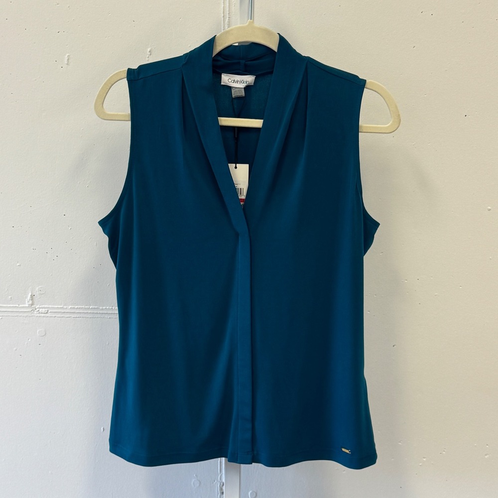 NWT Calvin Klein Teal Blue Sleeveless V-Neck Pleated Collar Blouse SFBTM311 XS